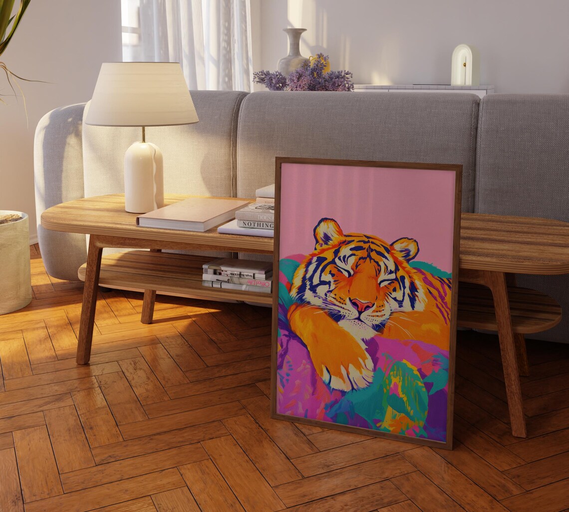 Sleeping Tiger Close Up Front Face Colorful Blanket Modern Poster - Image 2