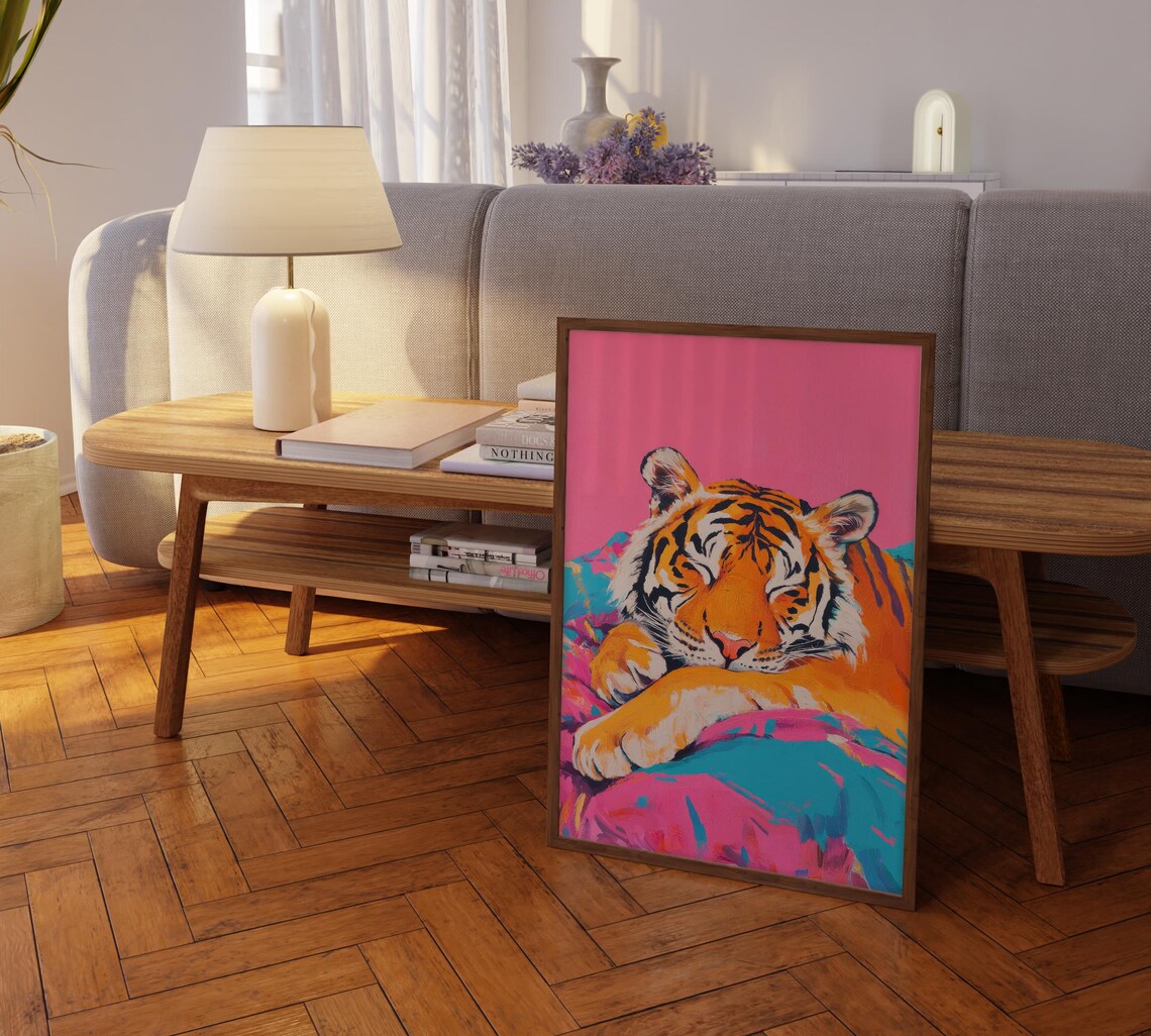 Sleeping Tiger Crossed Paws Pink Teal Blanket Maximalist Poster - Image 2
