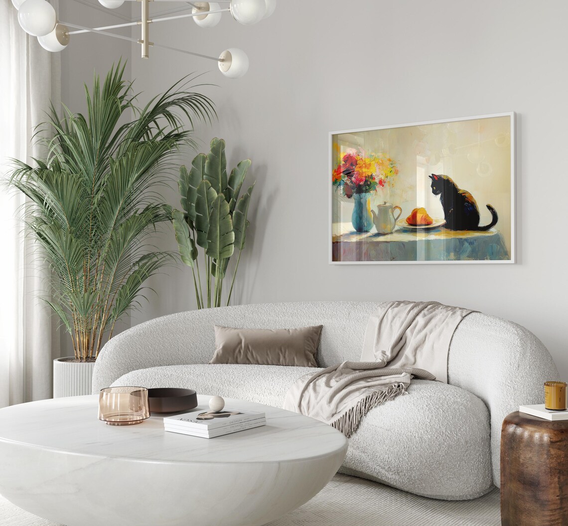 Black Cat in Profile at a Sunny French Cafe Table Painting Print - Image 3