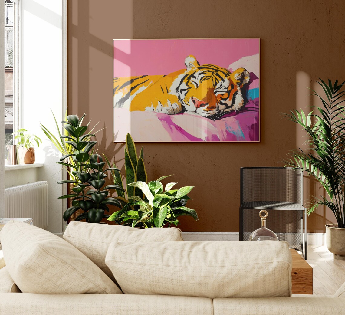 Sleeping Tiger Pink Blanket Right Facing Colorful Modern Poster - Image 2