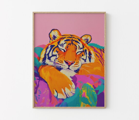 Sleeping Tiger Close Up Front Face Colorful Blanket Modern Poster