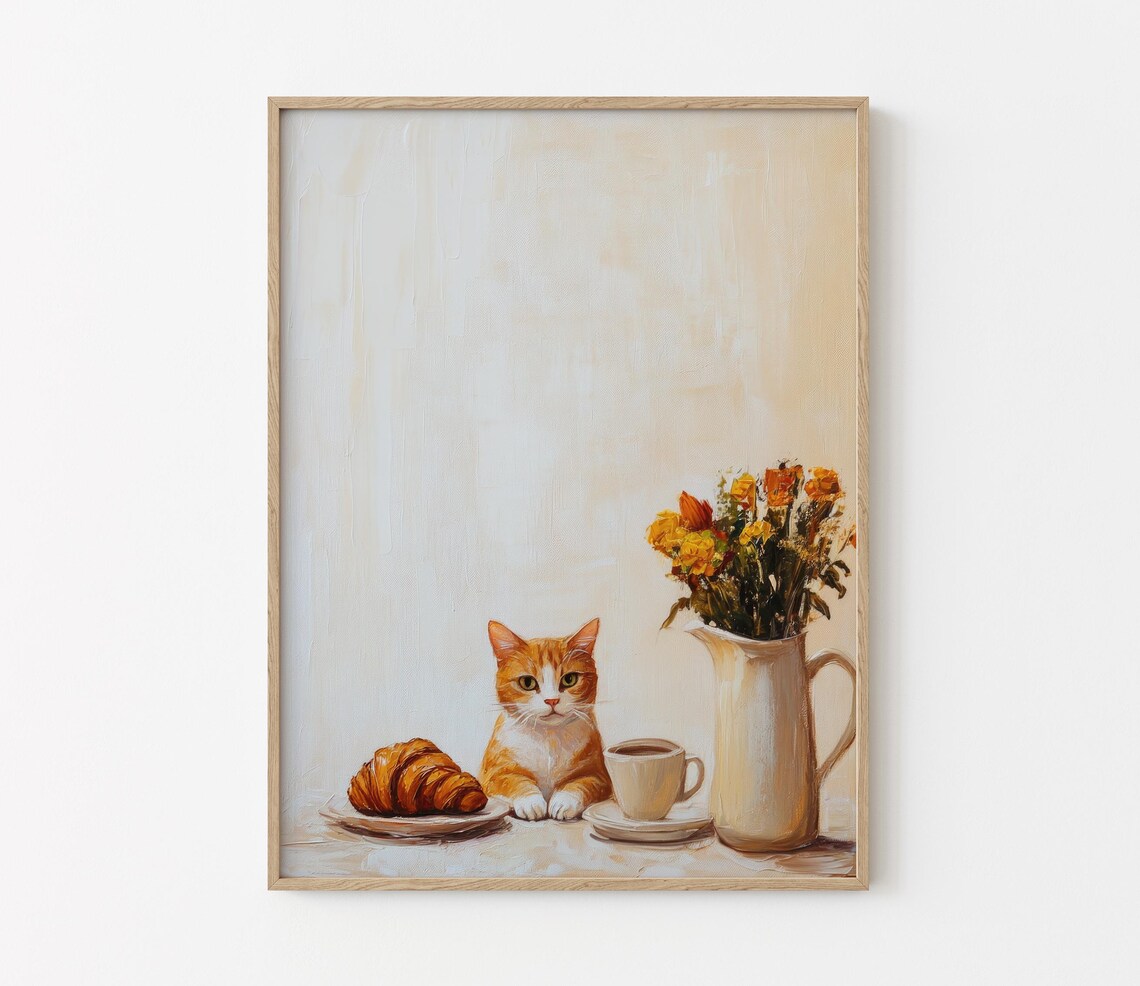 Orange Tabby Cat at Parisian Cafe with Croissant Coffee Print