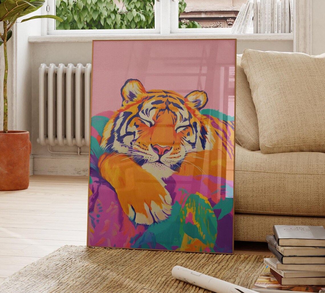 Sleeping Tiger Close Up Front Face Colorful Blanket Modern Poster - Image 4