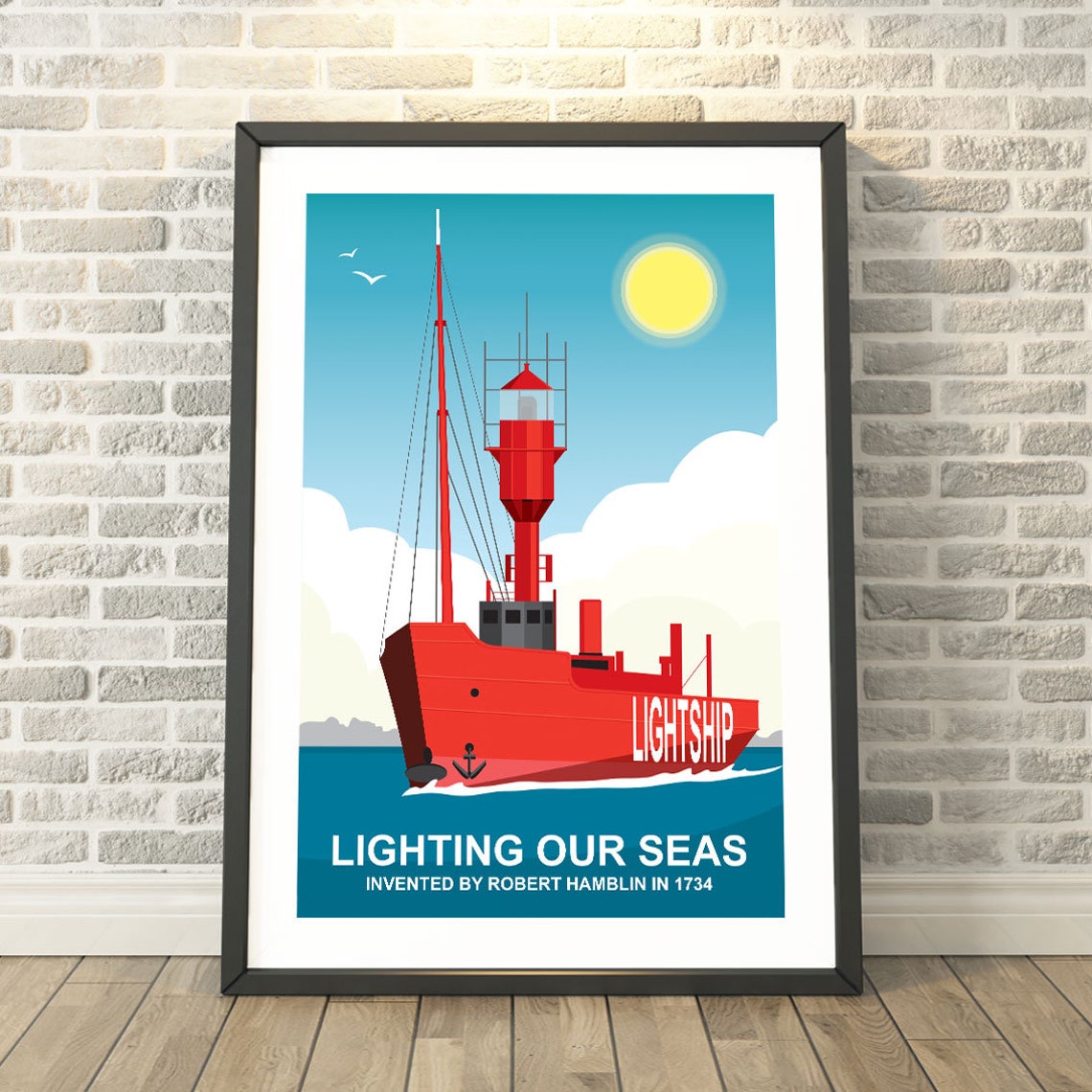 Red Lightship Lighting Our Seas Vintage Nautical History Poster