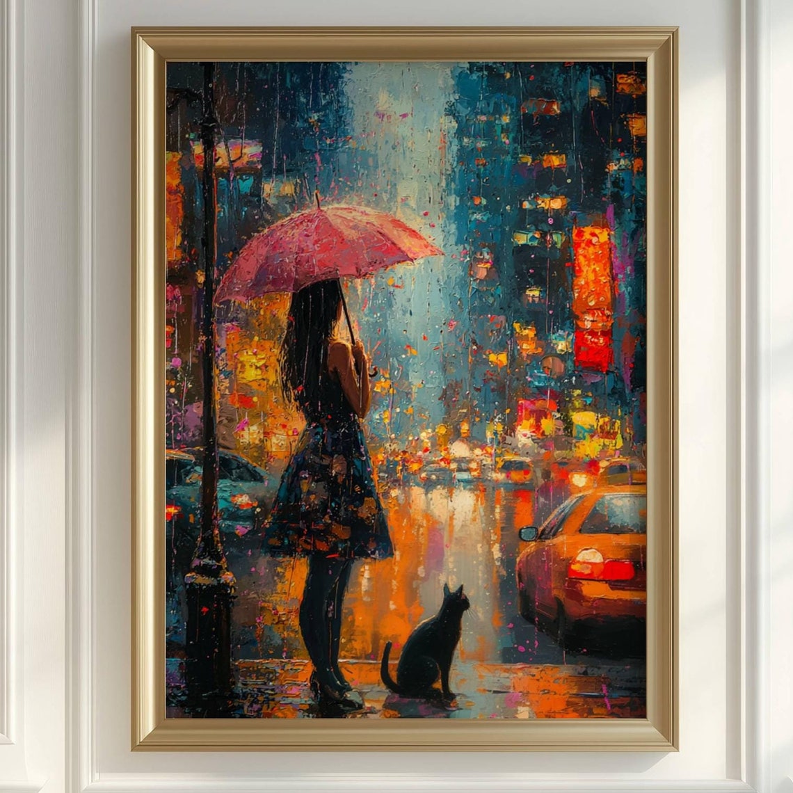 Impressionist Girl And Cat In Rain Poster Cityscape Wall Art Decor Moody Home Decor
