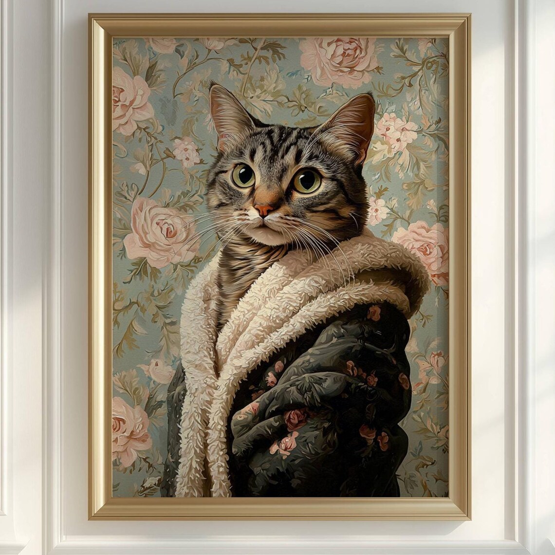 Gray Mackerel Tabby Cat In Bathrobe, Whimsical Print