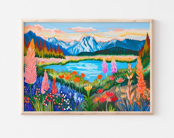 Colorful Landscape Floral Wall Art, Maximalist Decor
