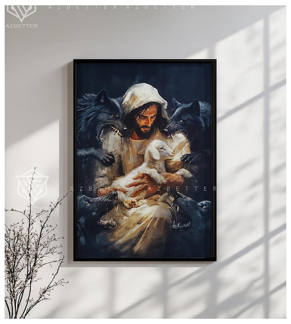 Jesus Protecting The Lamb From Wolves Christian Faith Canvas Poster