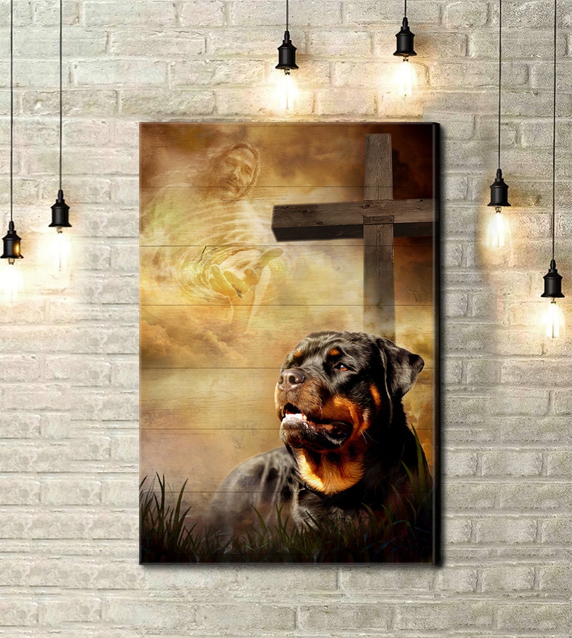 Rottweiler Looking Up at Wooden Cross with Jesus in Clouds Poster - Image 5
