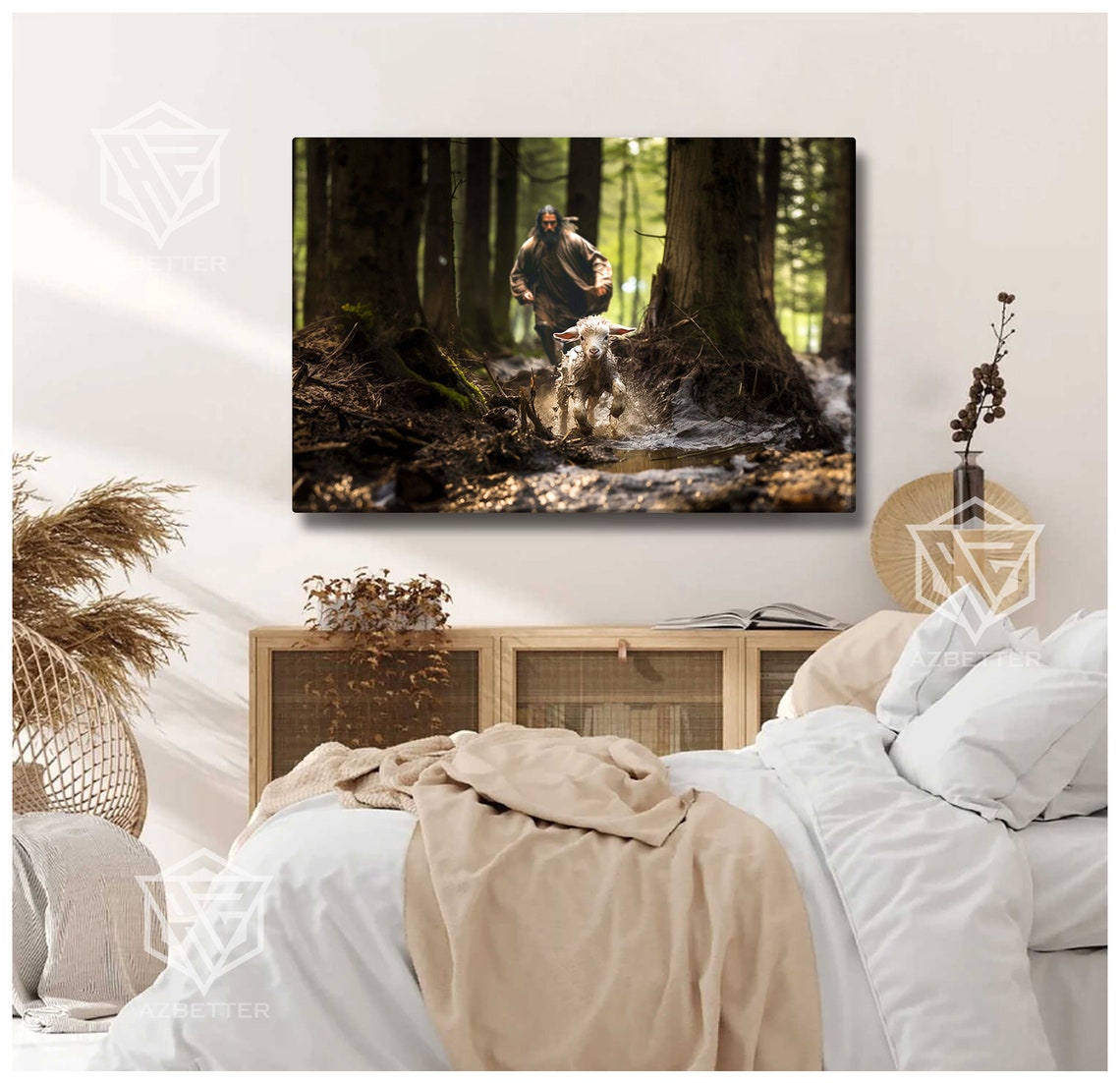 Jesus Running After Lost Lamb Good Shepherd Forest Rescue Art Poster - Image 3