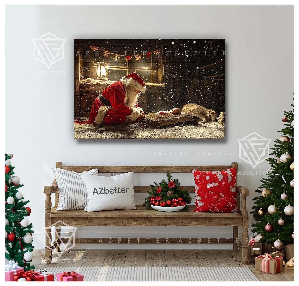 Santa Kneeling Before Baby Jesus in Snowy Nativity Scene Poster - Image 4