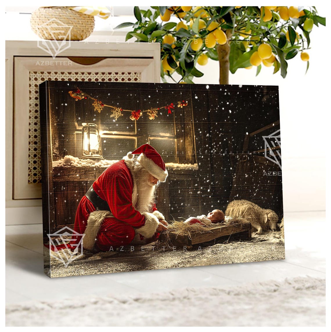 Santa Kneeling Before Baby Jesus in Snowy Nativity Scene Poster
