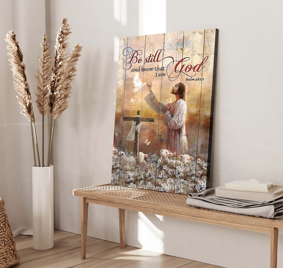 Jesus with Lambs and Dove Be Still and Know I Am God Verse Poster - Image 5
