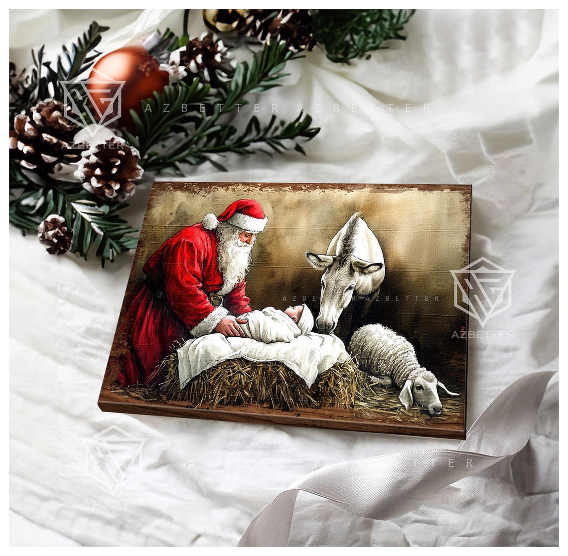 Santa With Swaddled Baby Jesus Donkey and Lamb Stable Scene Poster - Image 3