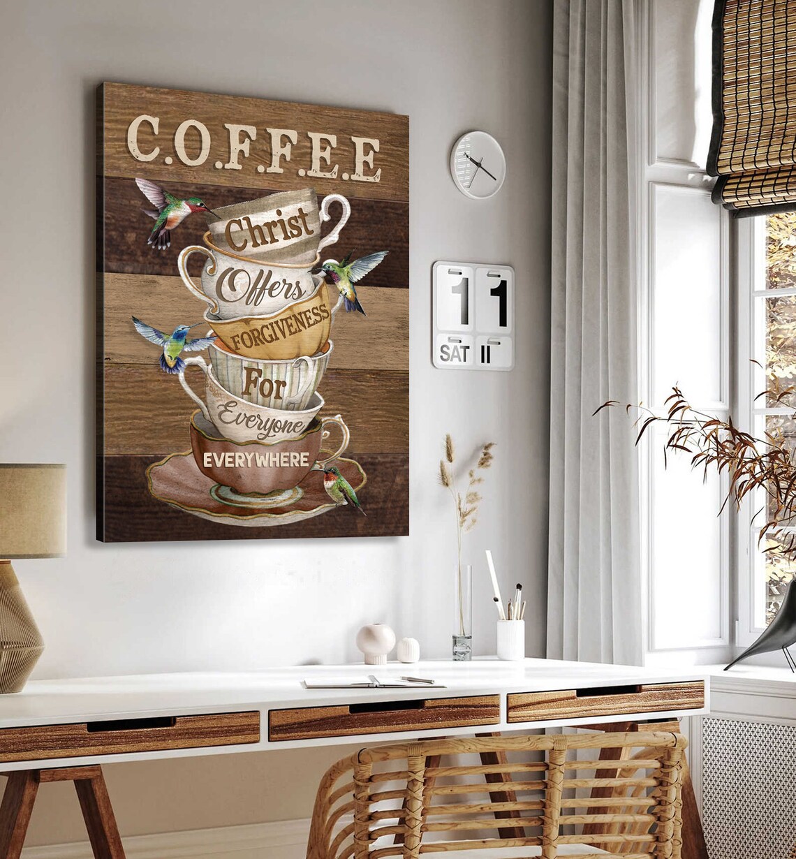 Stacked Vintage Teacups C.O.F.F.E.E. Hummingbirds Christian Poster - Image 5