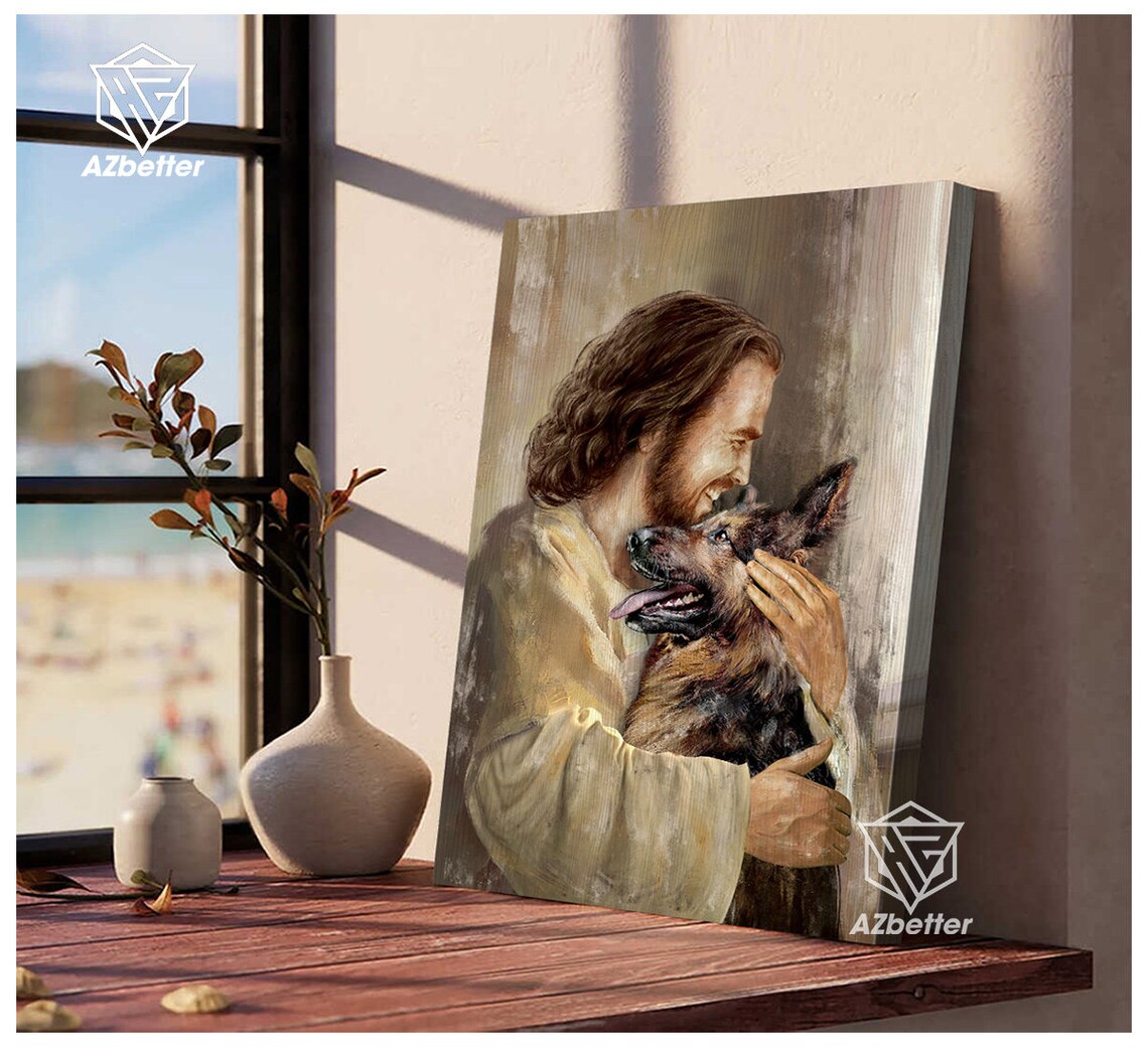 Jesus Hugging German Shepherd Embrace Love Comfort Christian Dog Poster