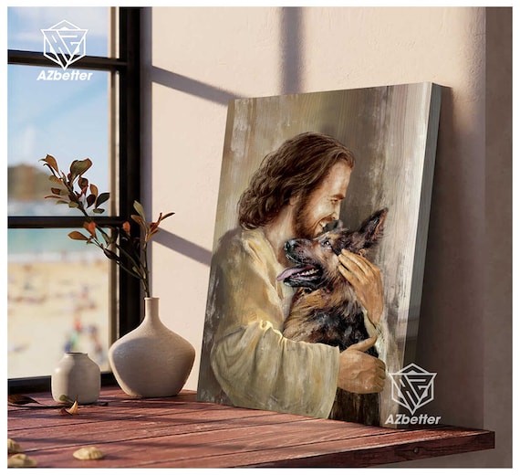 Jesus Hugging German Shepherd Embrace Love Comfort Christian Dog Poster