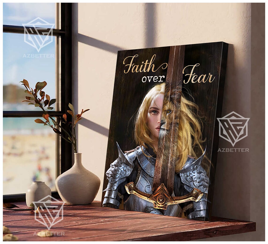Faith Over Fear Woman Warrior With Lion Sword Christian Faith Poster - Image 3