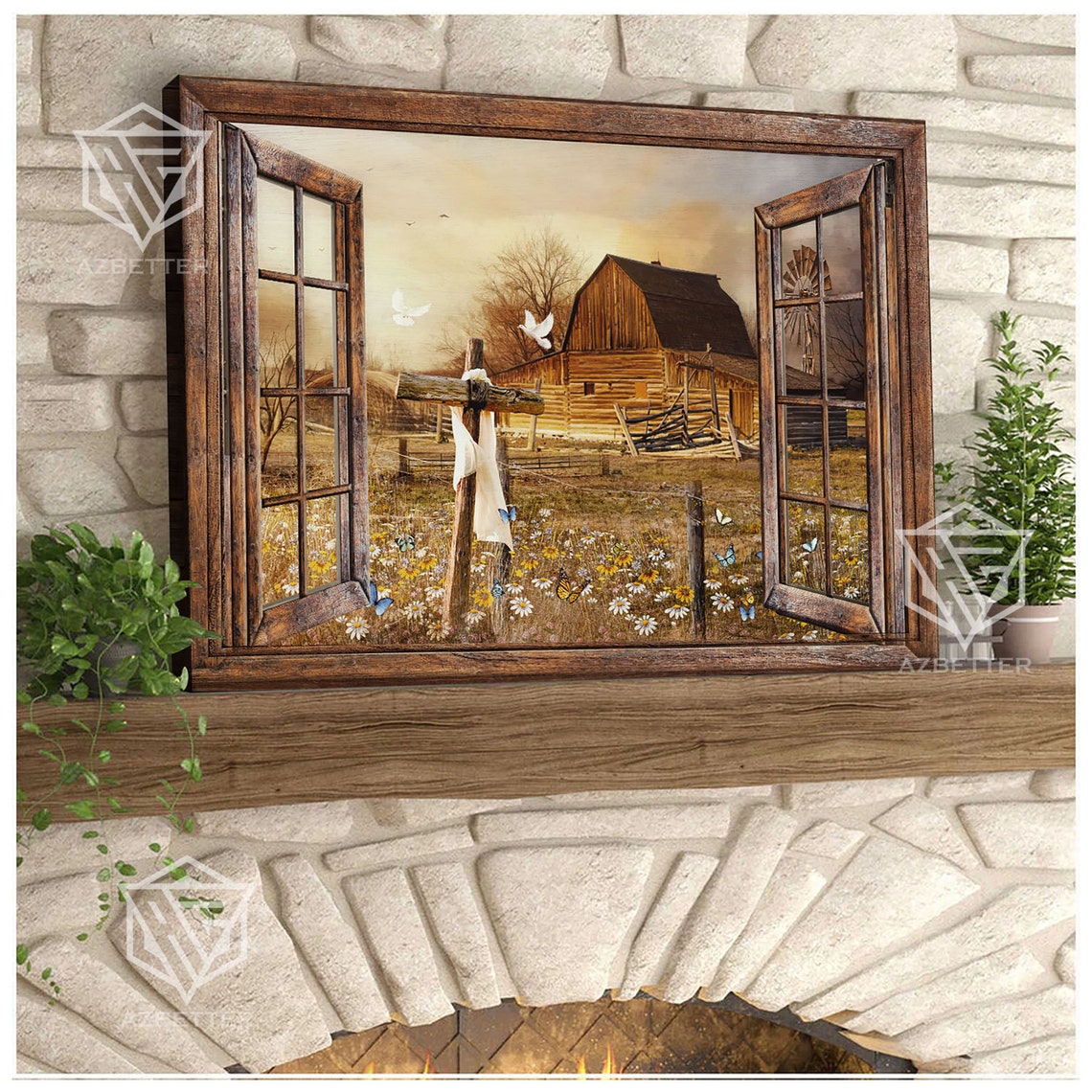Rustic Window View Of Old Barn Cross And Wildflower Meadow Poster - Image 3