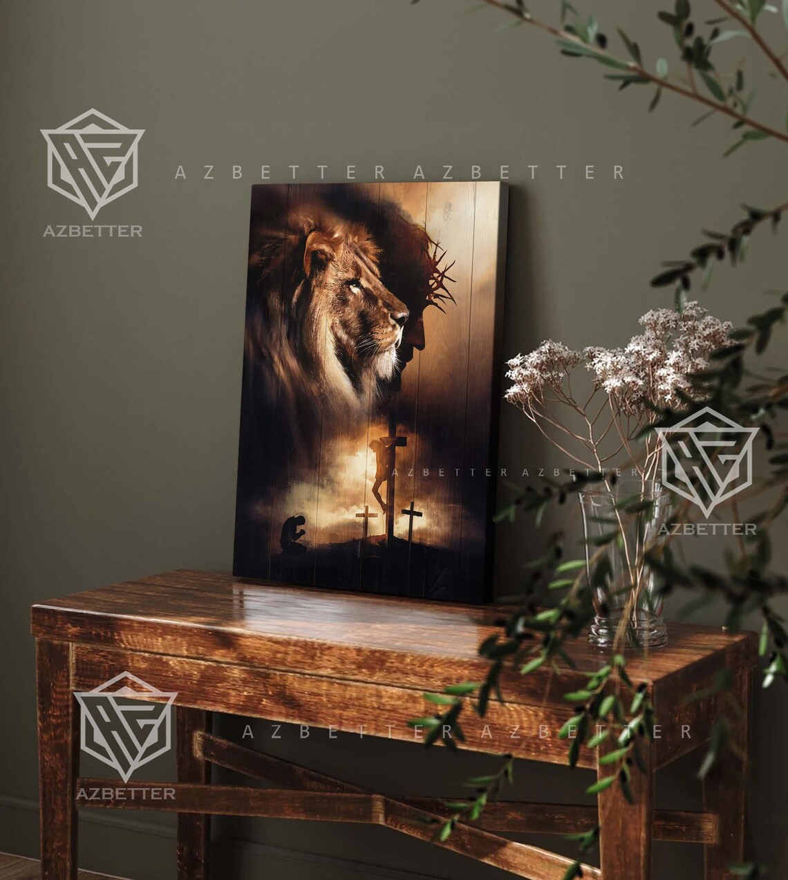 Lion of Judah Jesus Crown of Thorns Three Crosses Christian Faith Poster - Image 4