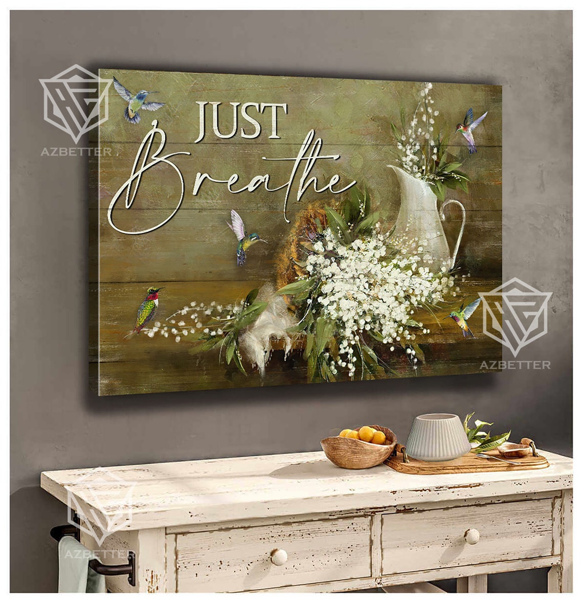 Just Breathe Rustic Calm Hummingbird Floral Pitcher Scene Poster - Image 5