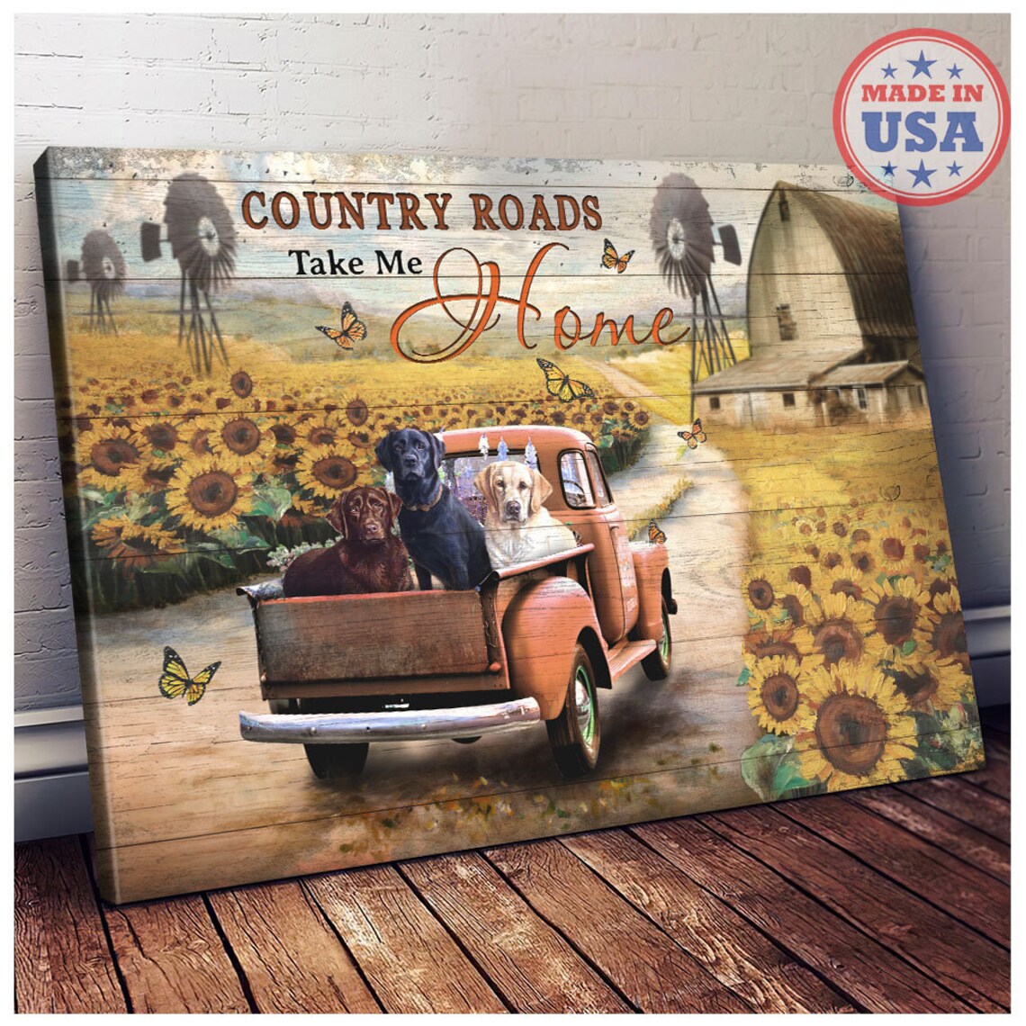 Three Labradors in Red Truck Sunflower Field Country Roads Poster - Image 5