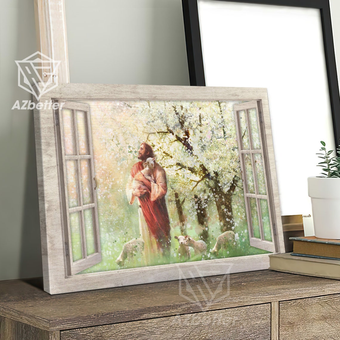 Jesus With Lamb In Blooming Orchard Open Window View Art Poster - Image 3