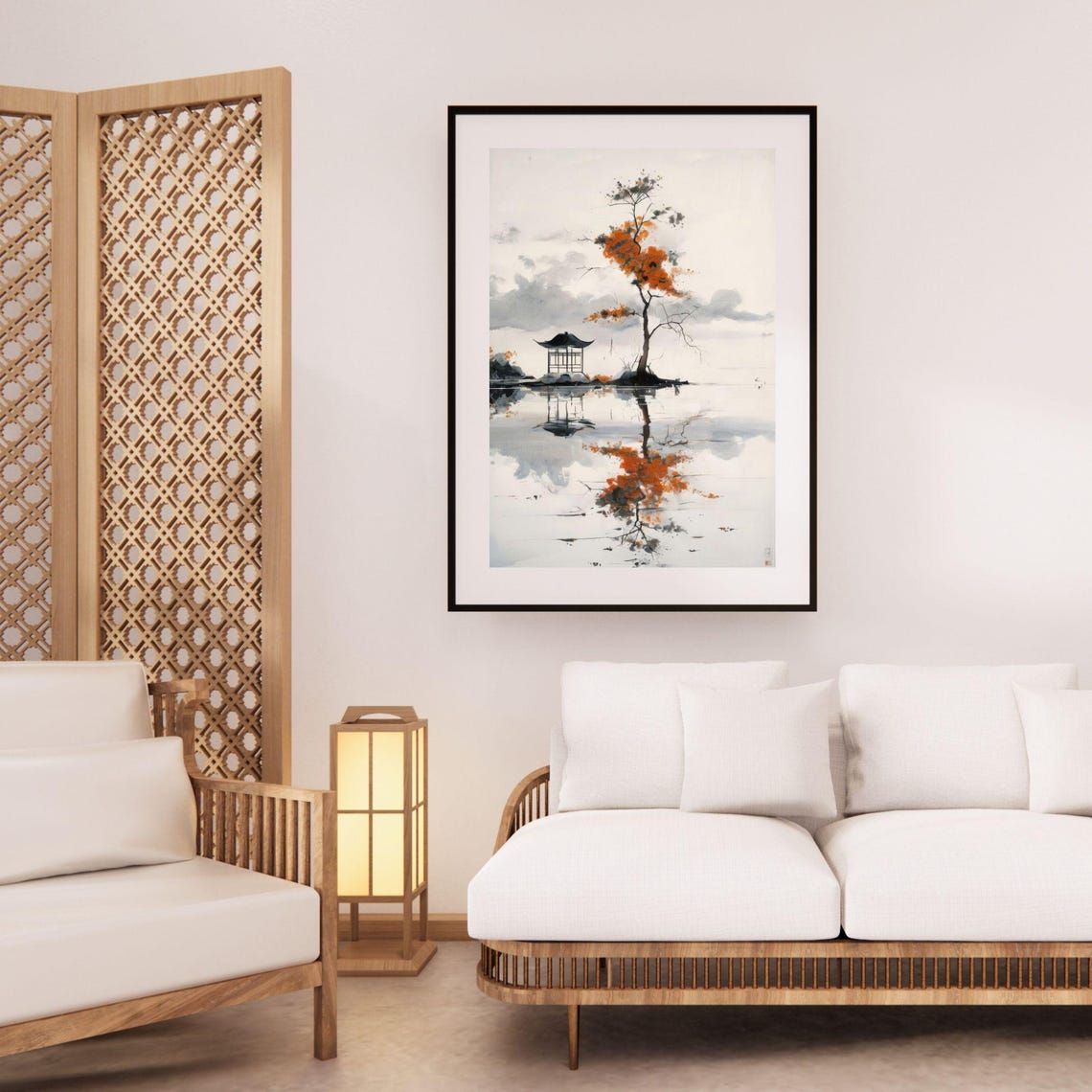 Japanese Zen Autumn Tree Lake Reflection Minimal Watercolor Art Print