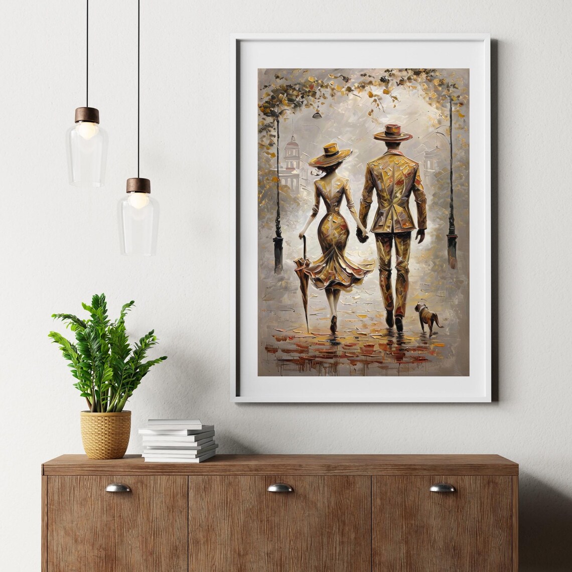 Romantic Couple Strolling Umbrella Vintage Rainy Street Oil Poster