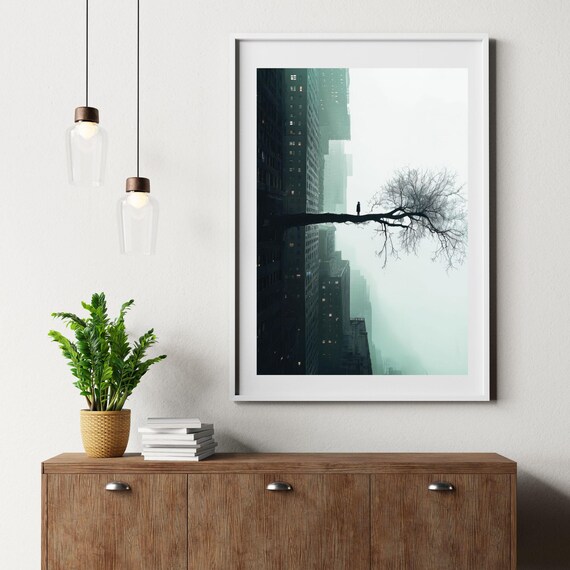 Lone Figure on Tree Branch Growing from Skyscraper Surreal Poster