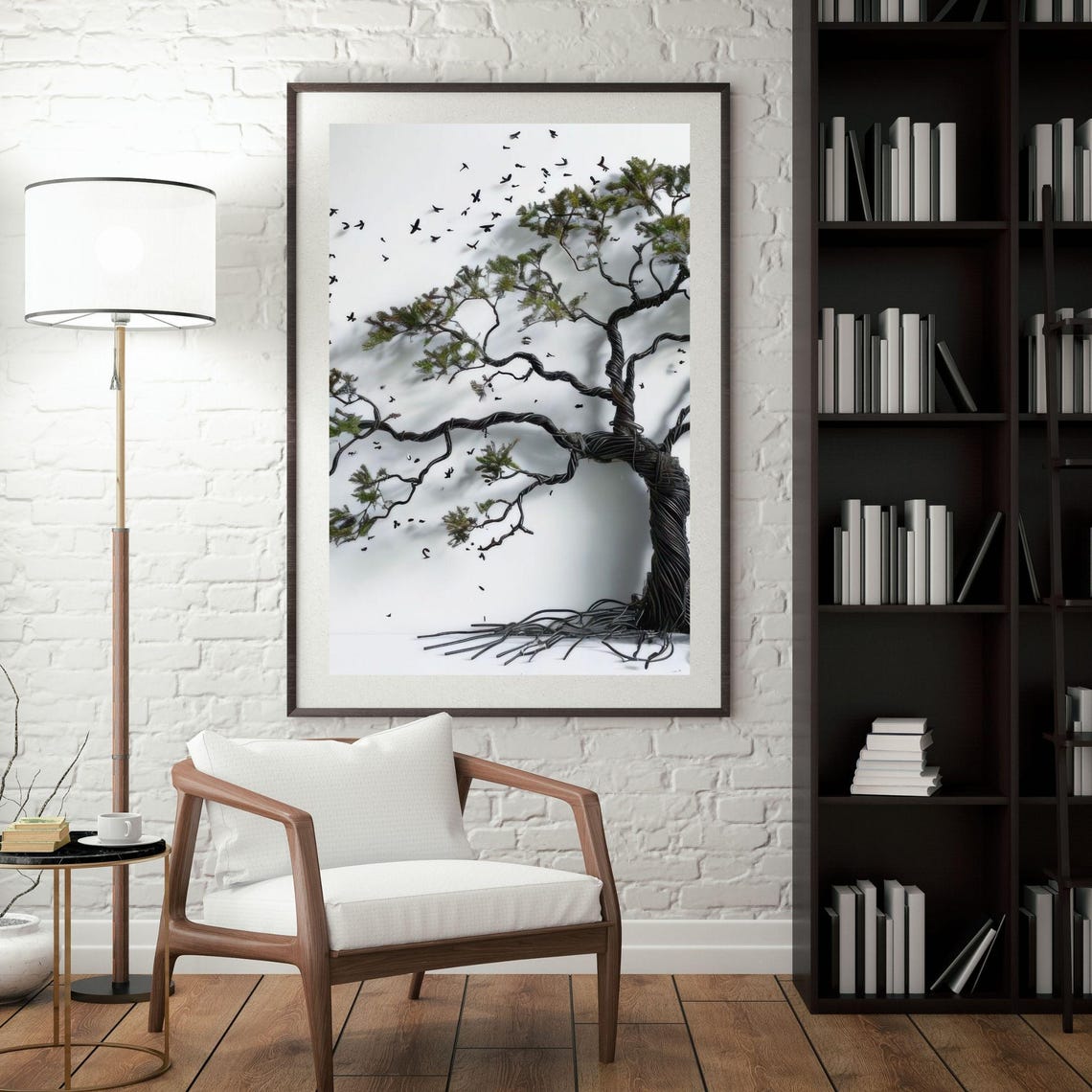 Serene Bonsai Tree Birds Minimalist Zen Botanical Art Poster