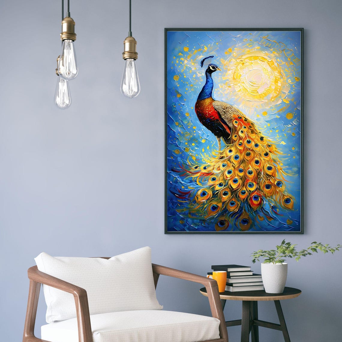 Peacock With Golden Tail Feathers On Blue Textured Painting Poster