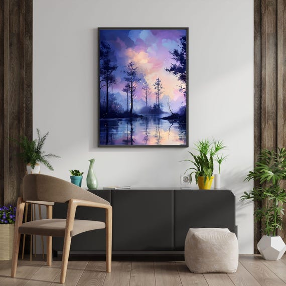 Tranquil Twilight Forest Wall Art Magical Landscape Print Purple Sunset Reflection For Home Decor