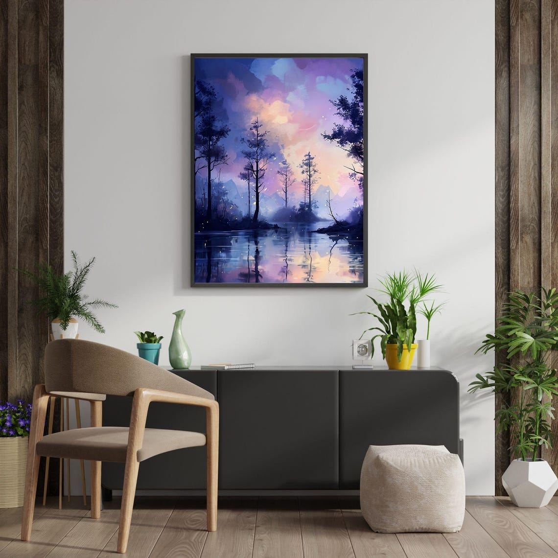 Purple Twilight Lake with Pine Reflections Magical Art Poster