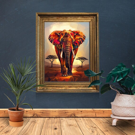 Colorful Geometric Elephant Art Print African Wildlife Wall Decor Modern Safari Artwork