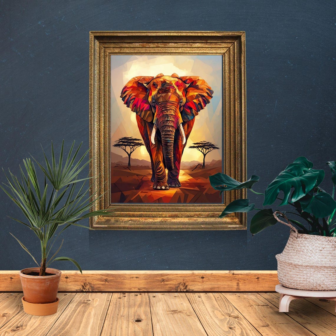 Colorful Geometric Elephant African Savanna Sunset Art Print