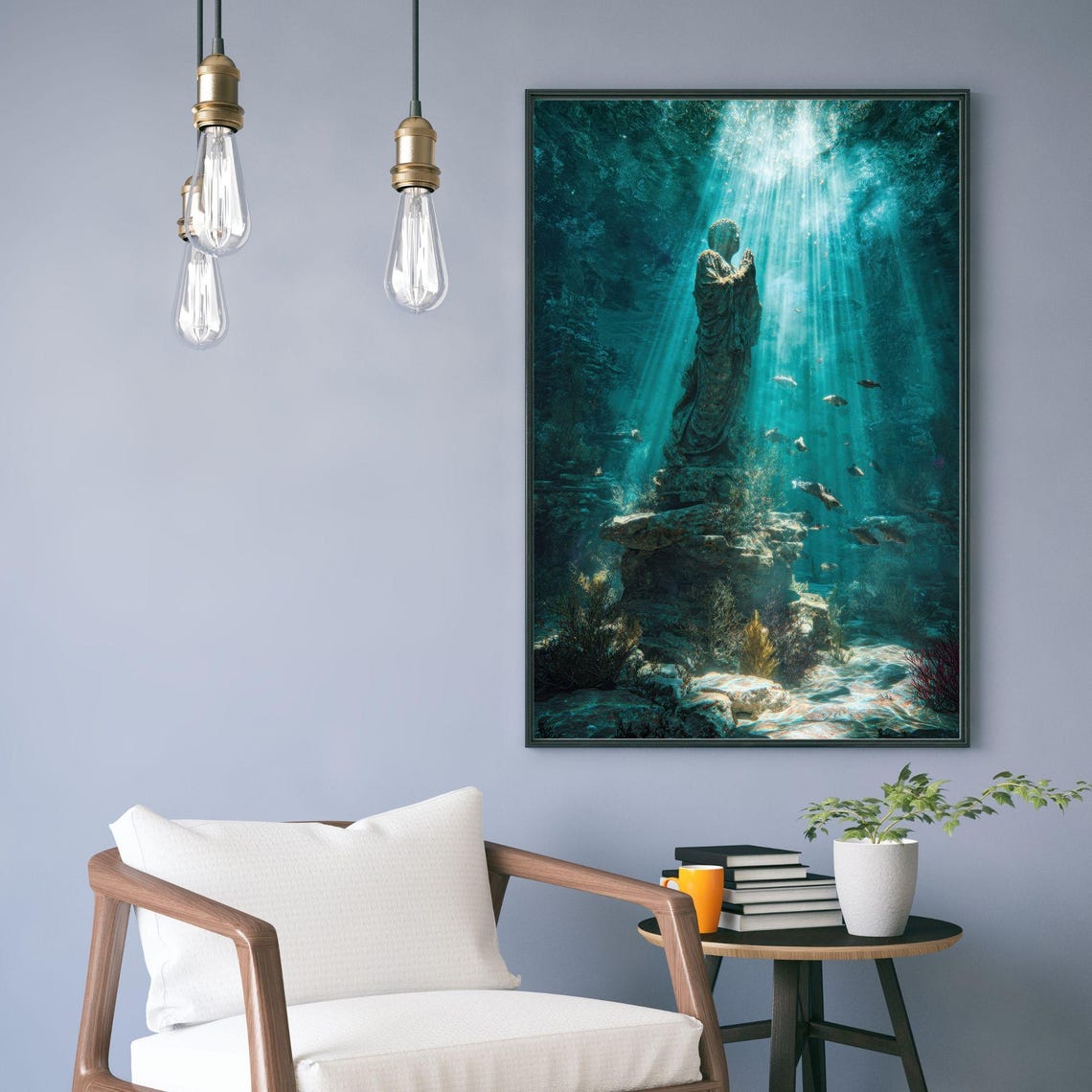 Underwater Buddha Statue with Light Rays Coral Reef Mystical Print