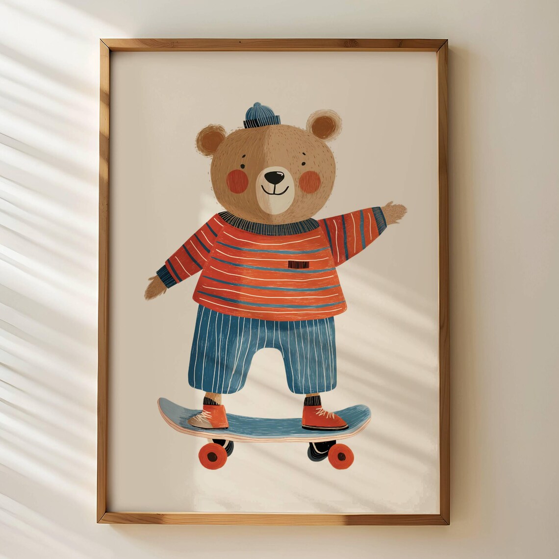Happy Bear In Striped Sweater Riding Skateboard Kids Art Poster