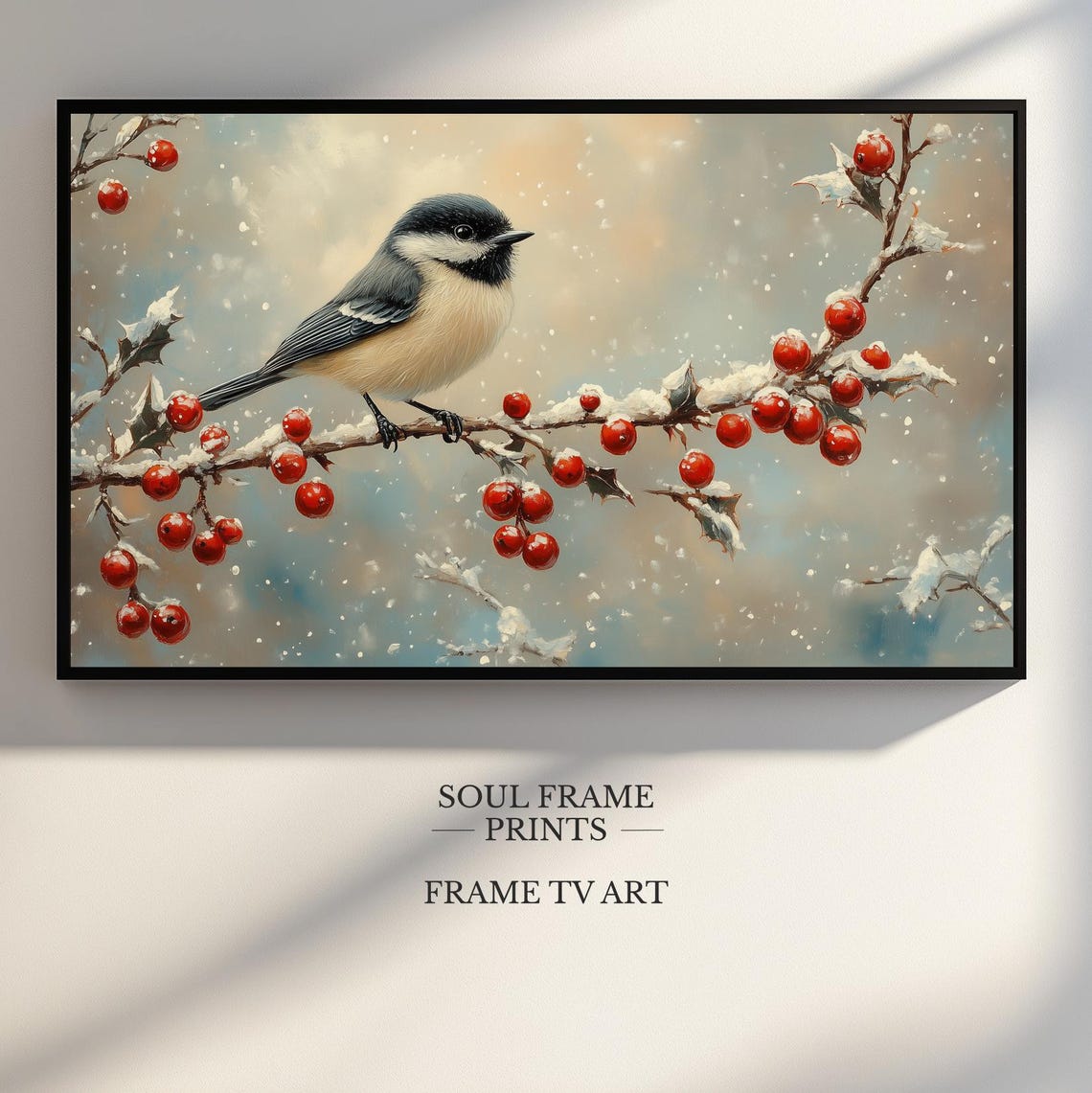 Chickadee on Snowy Holly Berry Branch Winter Painting Poster