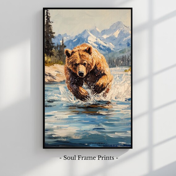Vintage Grizzly Bear Oil Painting Majestic Wildlife Wall Art Rustic Decor Nature Landscape Mountain Scene Print 501