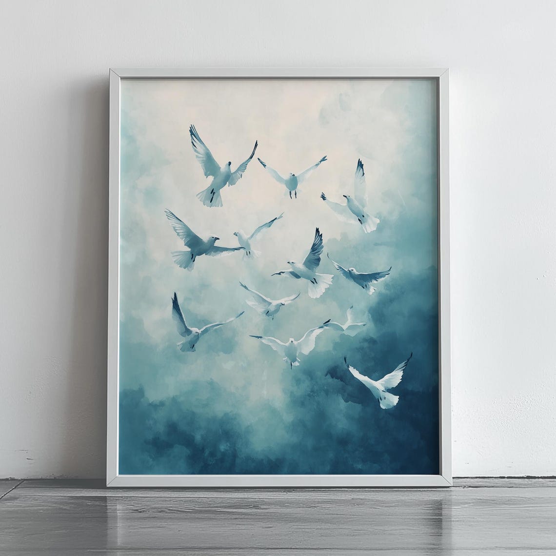 White Birds In Flight Soft Blue Watercolor Sky Calming Poster