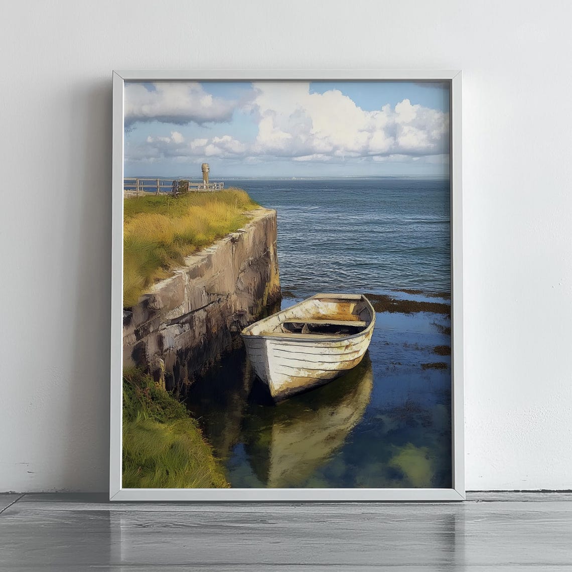 Weathered Rowboat Moored Beside A Rocky Sea Cliff Edge Poster