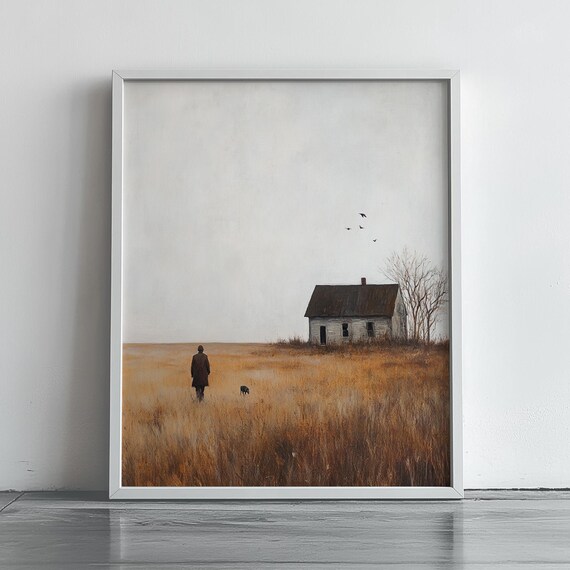 Lone Figure Golden Field Farmhouse Moody Rustic Painting Wall Art