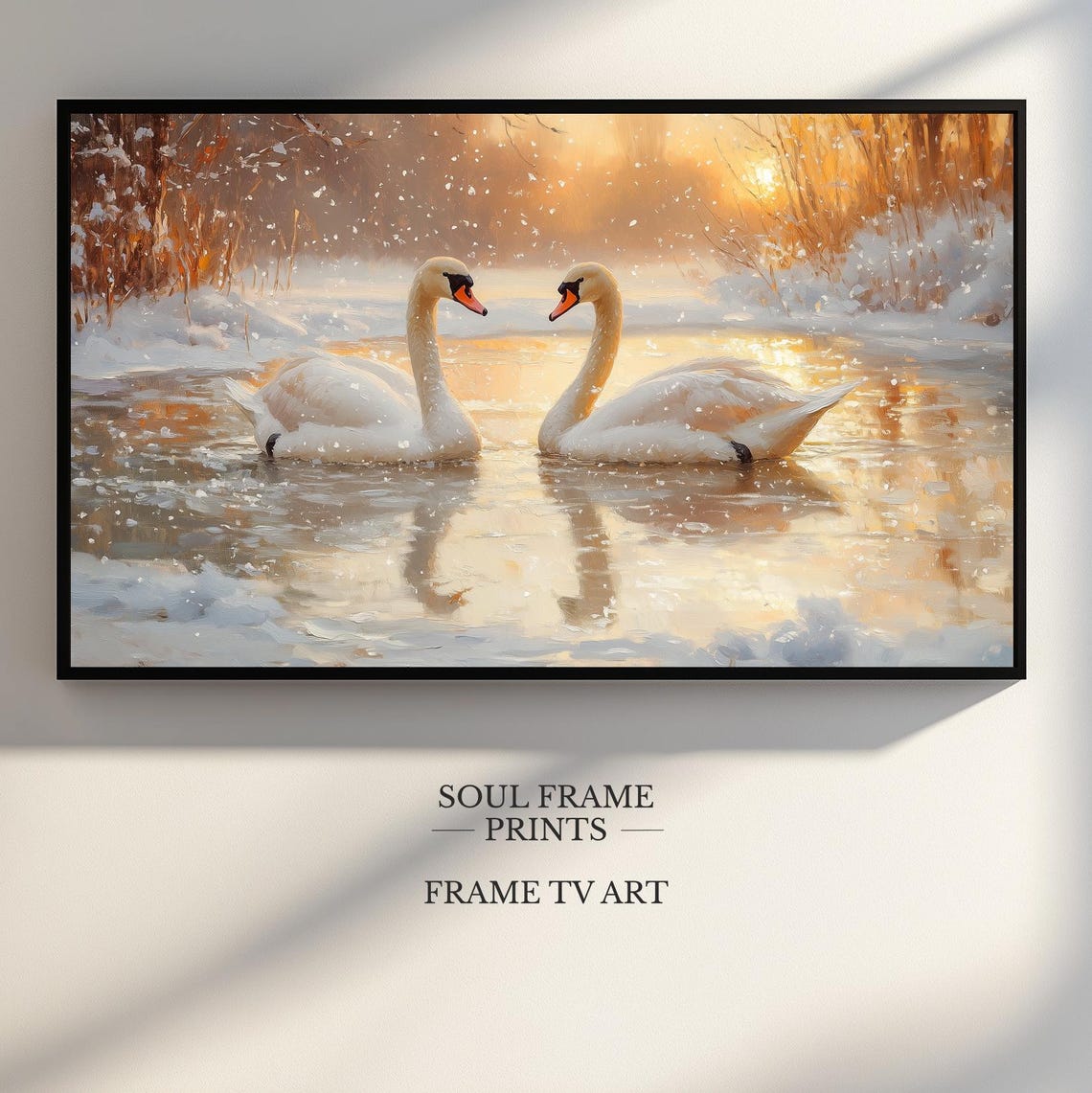Romantic Winter Swan Pair on Snowy Sunset Lake Painting Poster