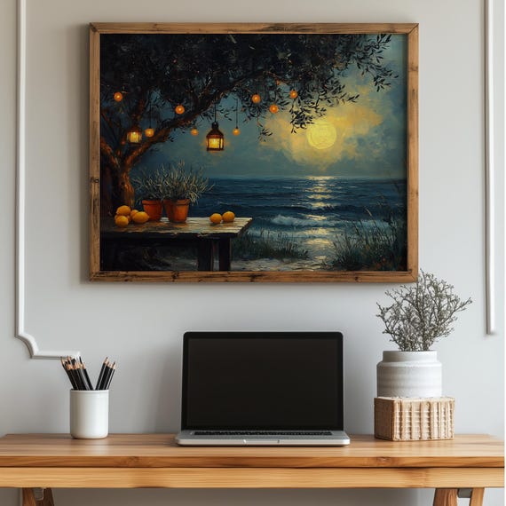Atmospheric Nightfall Beach Scene Rustic Garden Lanterns Wooden Table By Sea Moody Evening Wall Art Coastal Decor 63