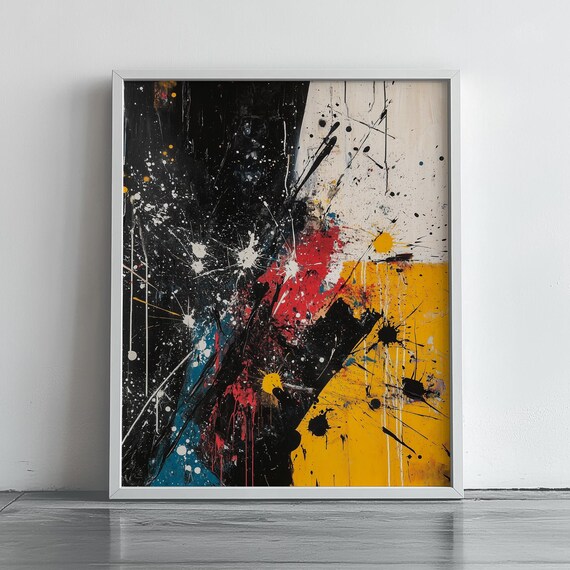 Abstract Expressionist Wall Art Print Bold Modern Drip Painting Decor Black Red Yellow Urban Large Color Splash Canvas 164