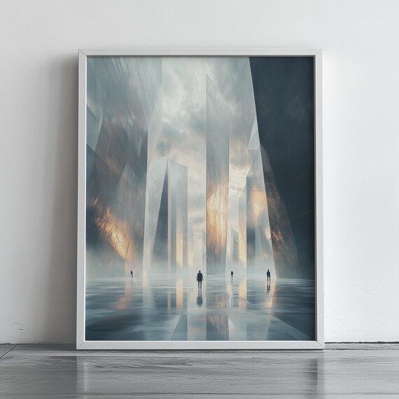 Futuristic Mirrored Monolith Cityscape With Tiny Figures Sci Fi Poster