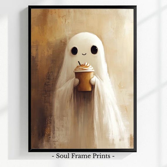 Wall Art Coffee Halloween Print Pumpkin Spice Illustration Cozy Autumn Seasonal Home Decor Whimsical Spooky Artwork 551