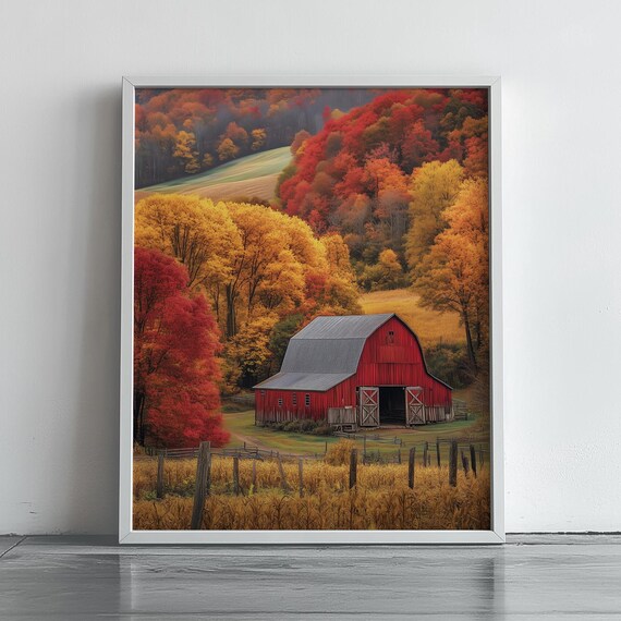 Red Barn In Peak Autumn Colors With Golden Harvest Fields Poster