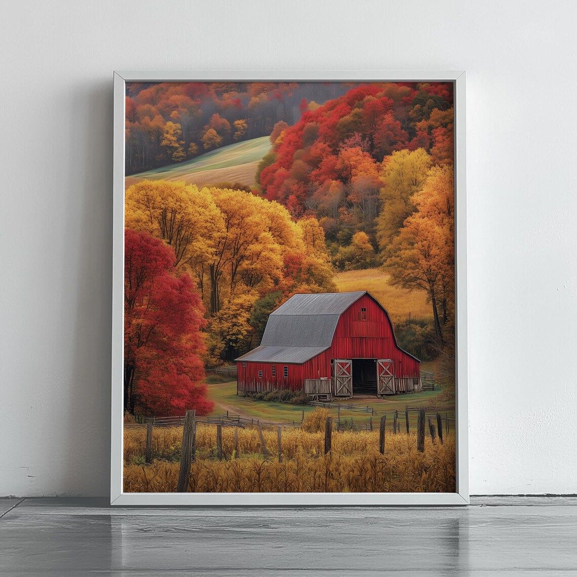 Red Barn In Peak Autumn Colors With Golden Harvest Fields Poster